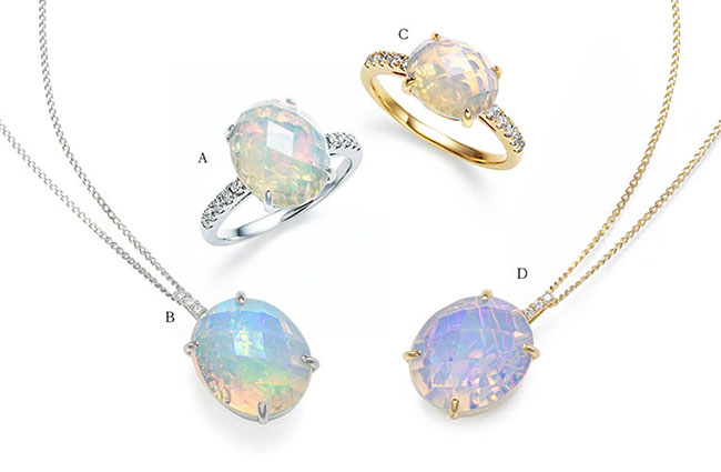 Collection of opal jewelry: platinum and K18 gold rings and pendants featuring iridescent opals